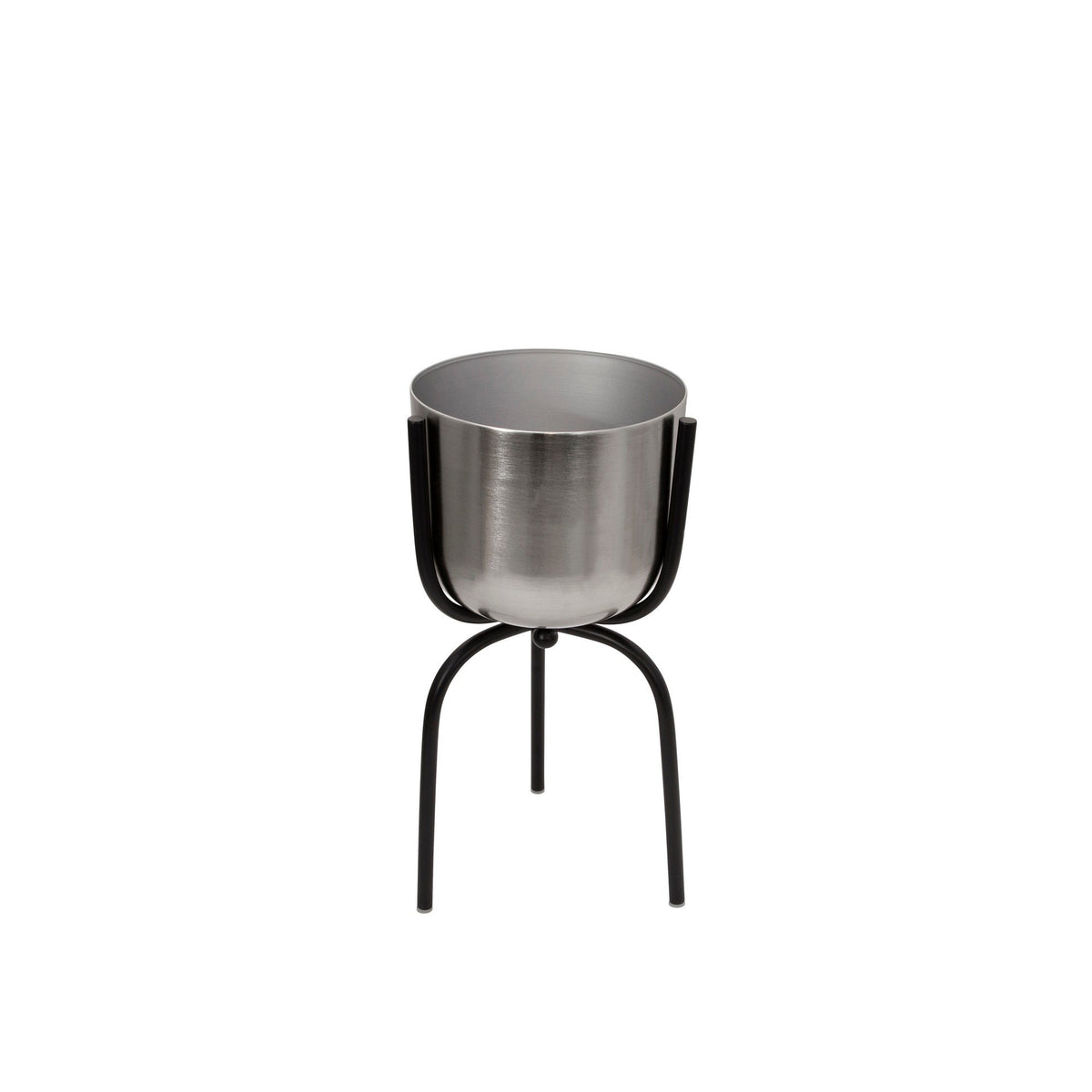 Round Metal Planter with Tripod Base, Silver and Black - BM220976