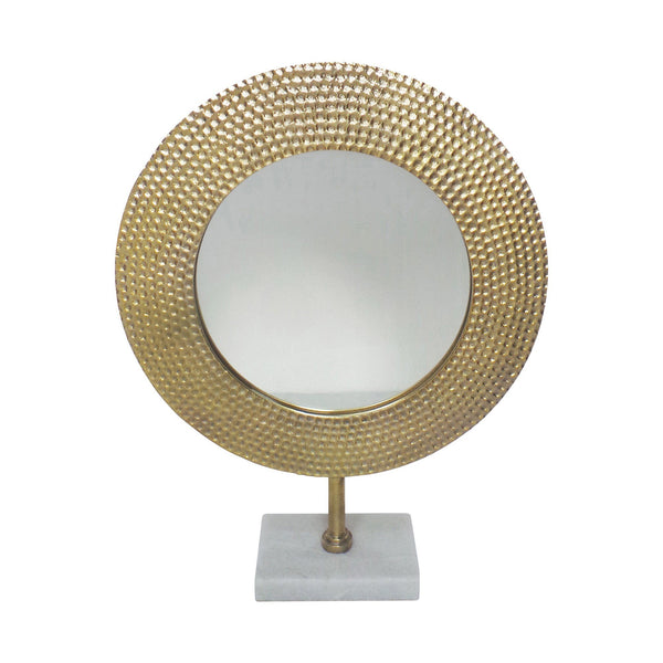 Hammered Metal Frame Round Standing Mirror with Block Base, Large, Gold - BM220979