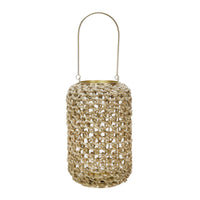 Cylindrical Rattan Lantern with Metal Frame and Handle,Large,Brown and Gold - BM221090