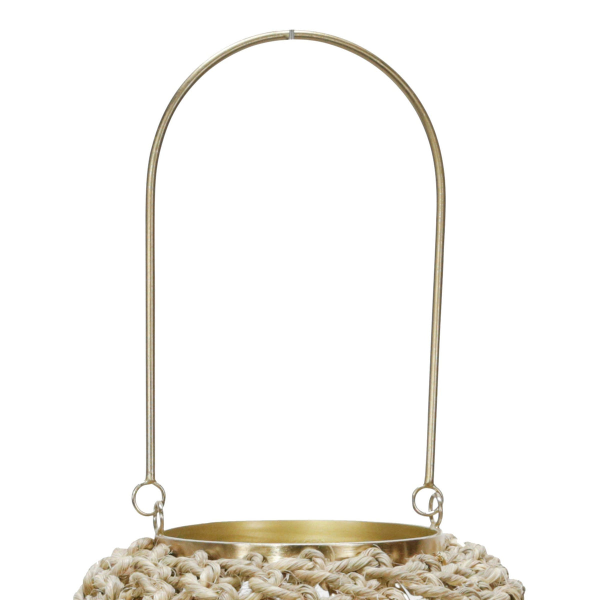 Cylindrical Rattan Lantern with Metal Frame and Handle,Large,Brown and Gold - BM221090