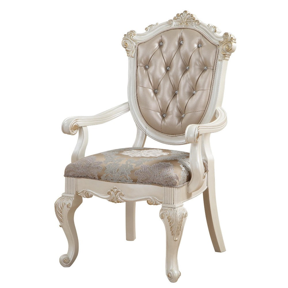 Wooden Arm Chair with Floral Patterned Padded Seat, Set of 2,White and Gold - BM221497