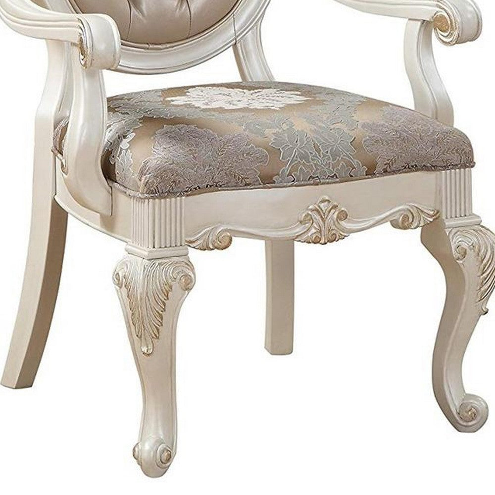 Wooden Arm Chair with Floral Patterned Padded Seat, Set of 2,White and Gold - BM221497