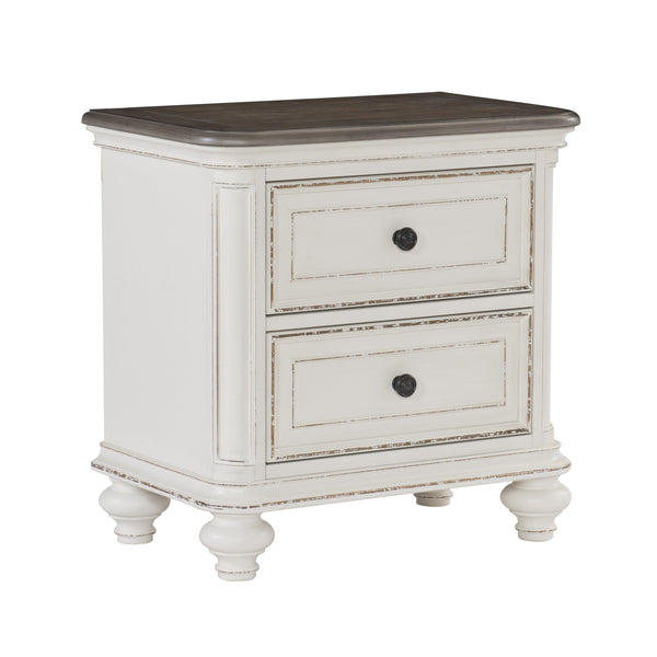 2 Drawer Wooden Nightstand with Distressed Details, Antique White and Brown - BM222641