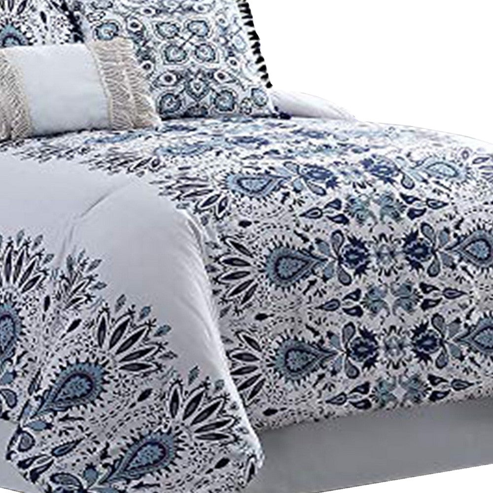 Constanta 8 Piece King Comforter Set with Floral Print The Urban Port, Blue and White - BM222762