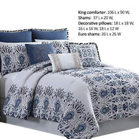 Constanta 8 Piece King Comforter Set with Floral Print The Urban Port, Blue and White - BM222762