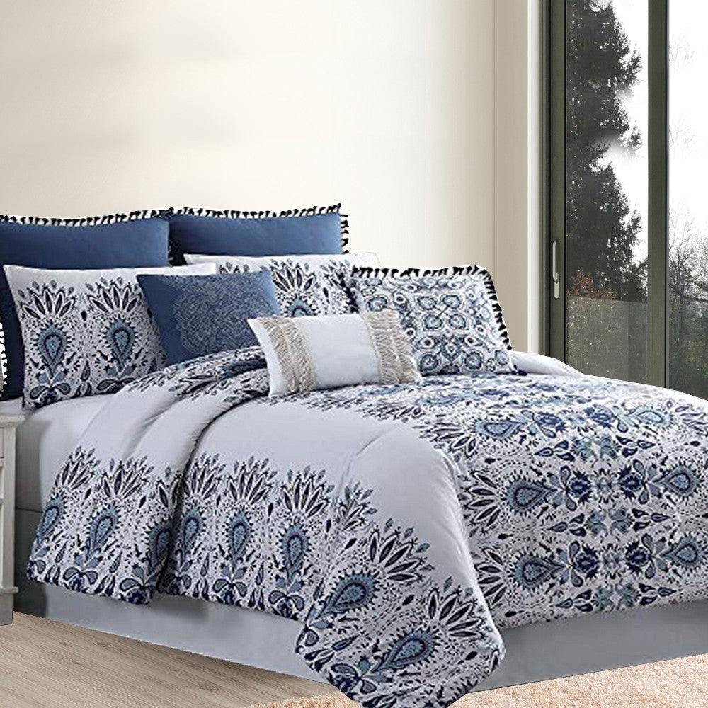 Constanta 8 Piece King Comforter Set with Floral Print The Urban Port, Blue and White - BM222762