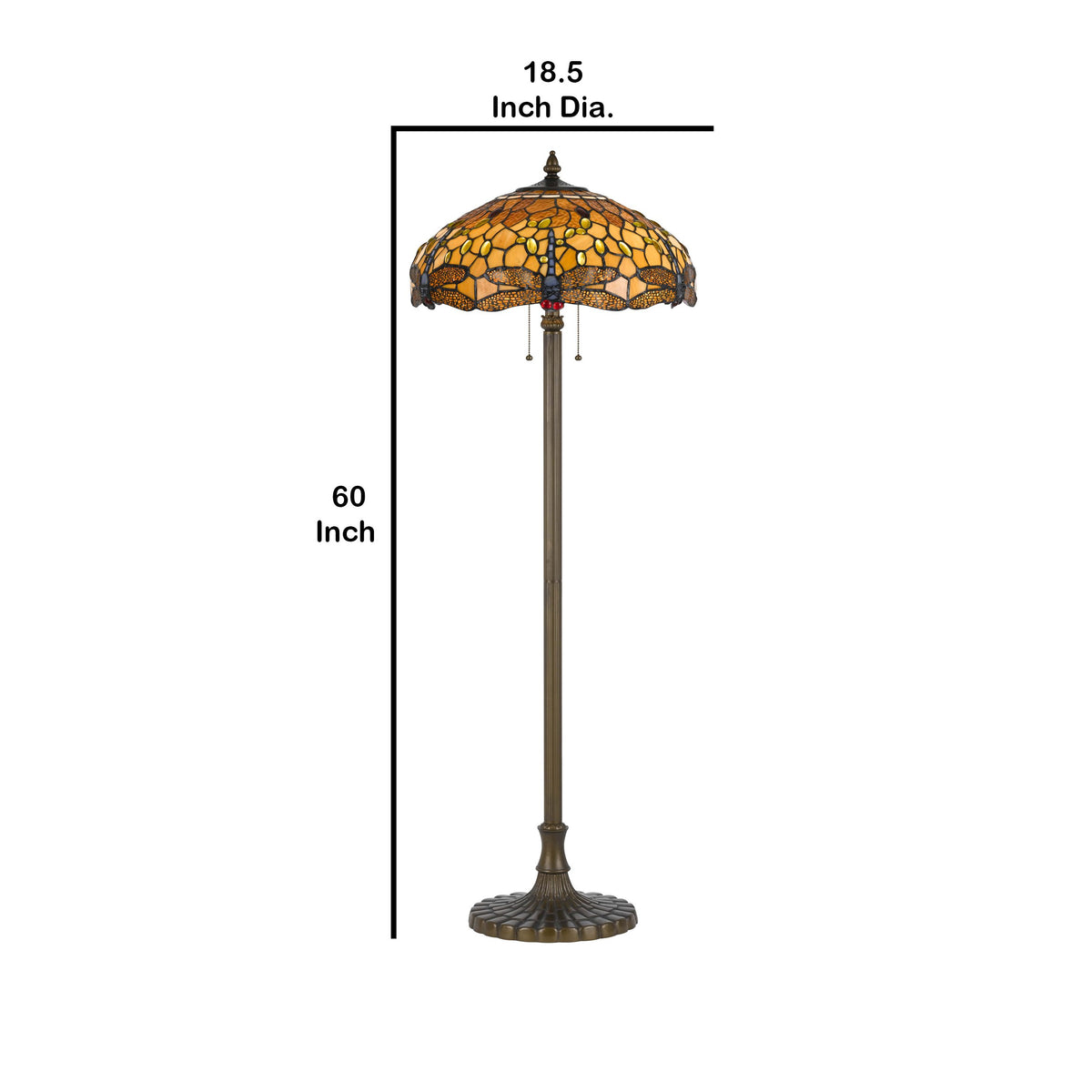2 Bulb Tiffany Floor Lamp with Dragonfly Design Shade, Multicolor - BM223536