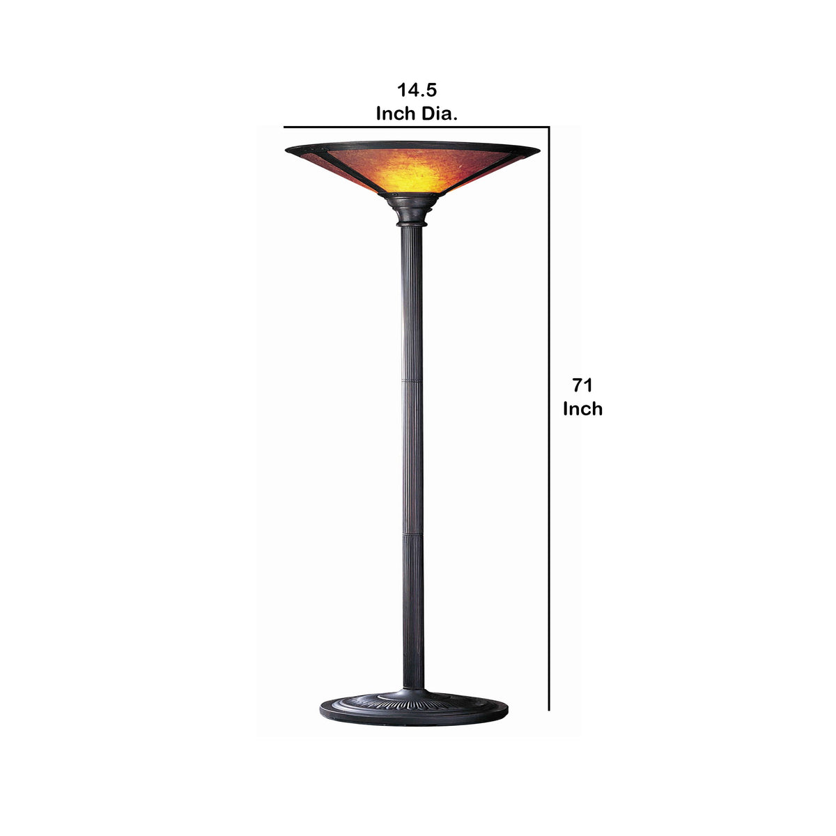 3 Way Metal Body Torchiere Lamp with Conical Mica Shade, Bronze - BM223595