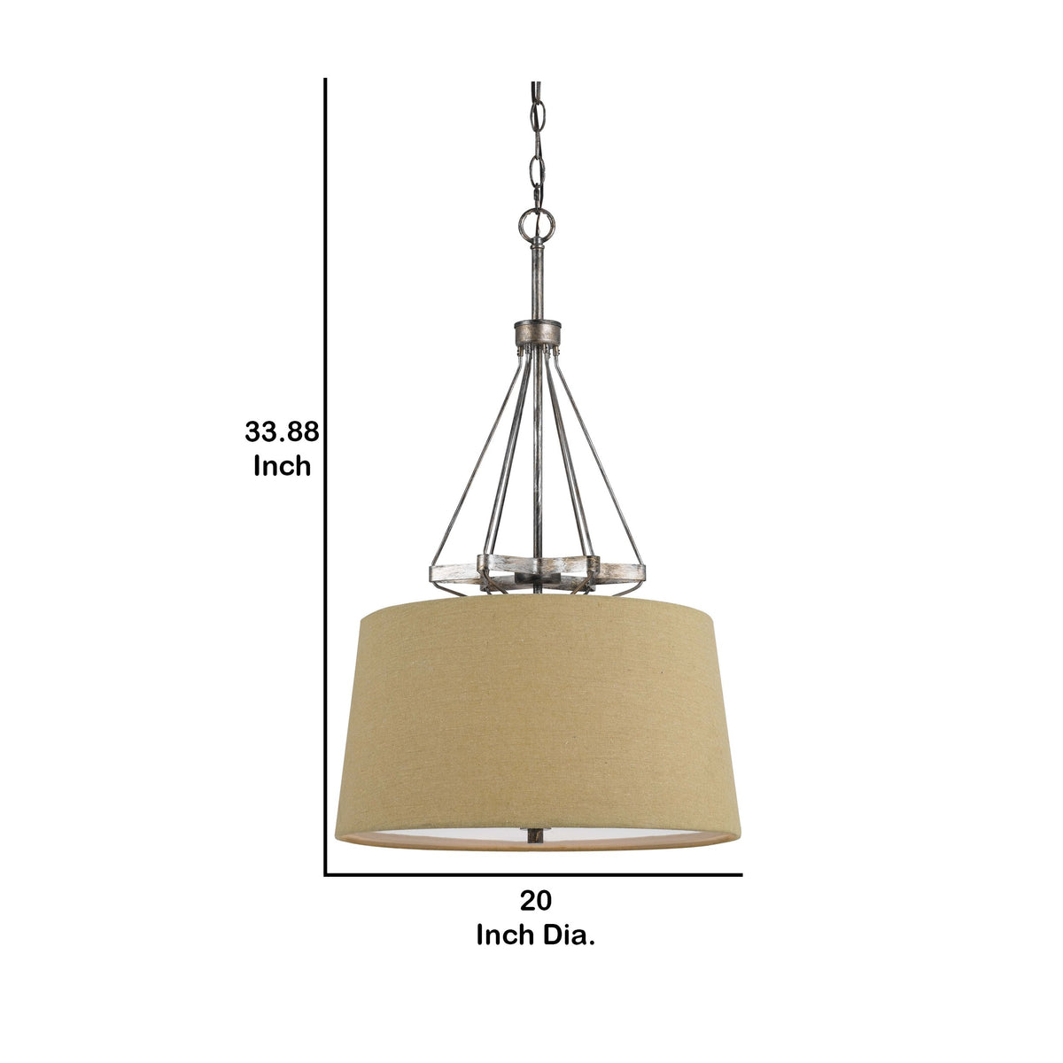 3 Bulb Pendent with Round Burlap Shade and Metal Frame, Beige - BM223631