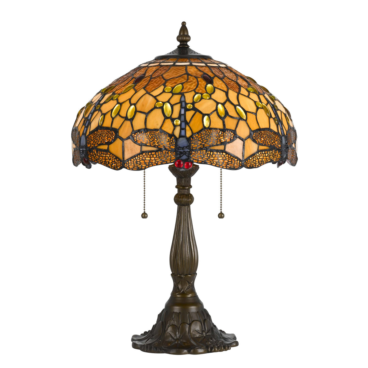 2 Bulb Tiffany Table Lamp with Dragonfly Design Shade, Multicolor - BM223636