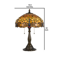 2 Bulb Tiffany Table Lamp with Dragonfly Design Shade, Multicolor - BM223636