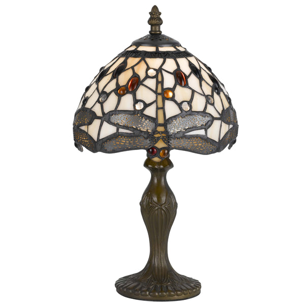 Metal Body Tiffany Table Lamp with Dragonfly Design Shade, Multicolor - BM223642