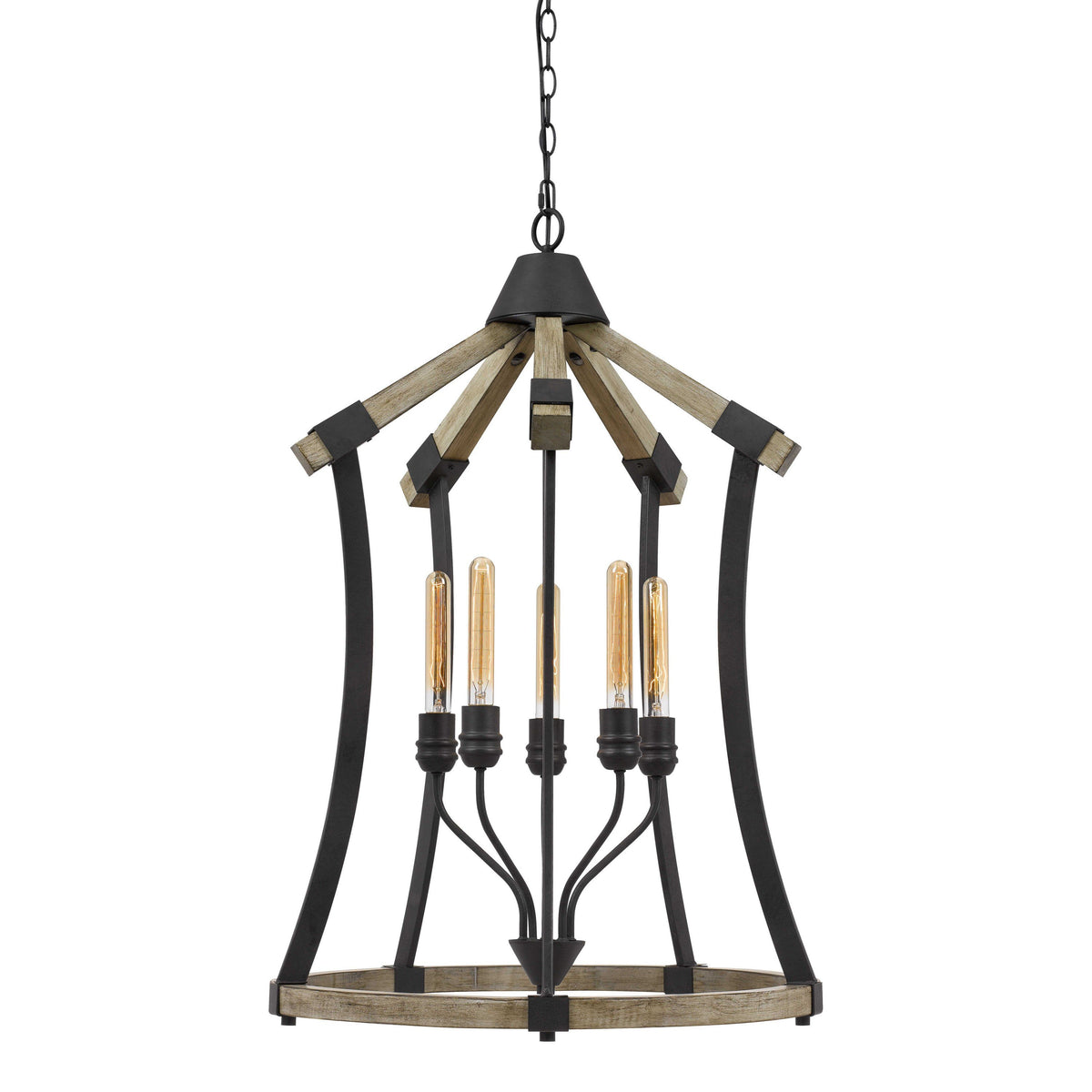 5 Bulb Pendant Fixture with Wooden and Metal Frame, Brown and Black - BM224958