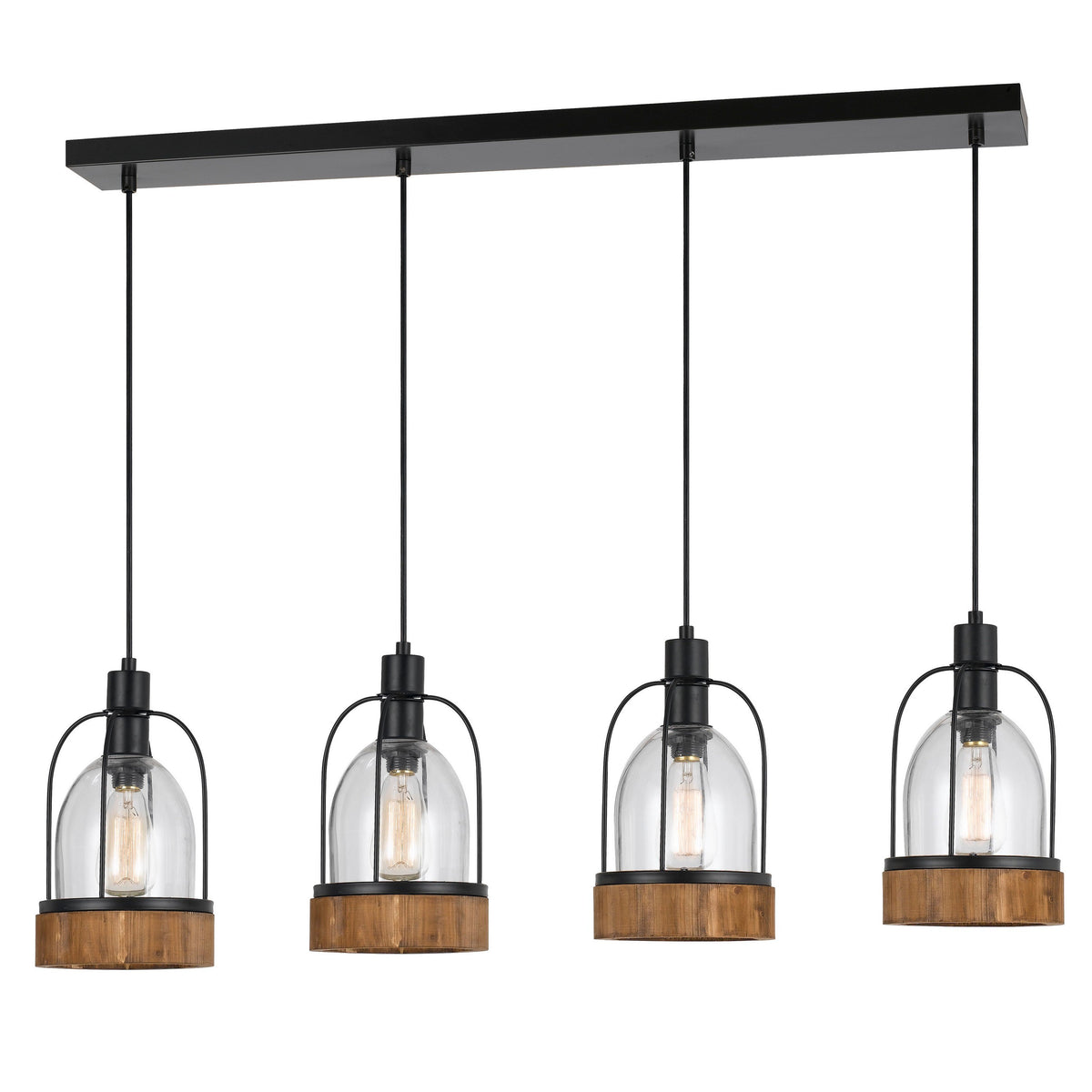 Metal Pendant Fixture with 4 Lantern Design Glass Shade, Black and Clear - BM224967