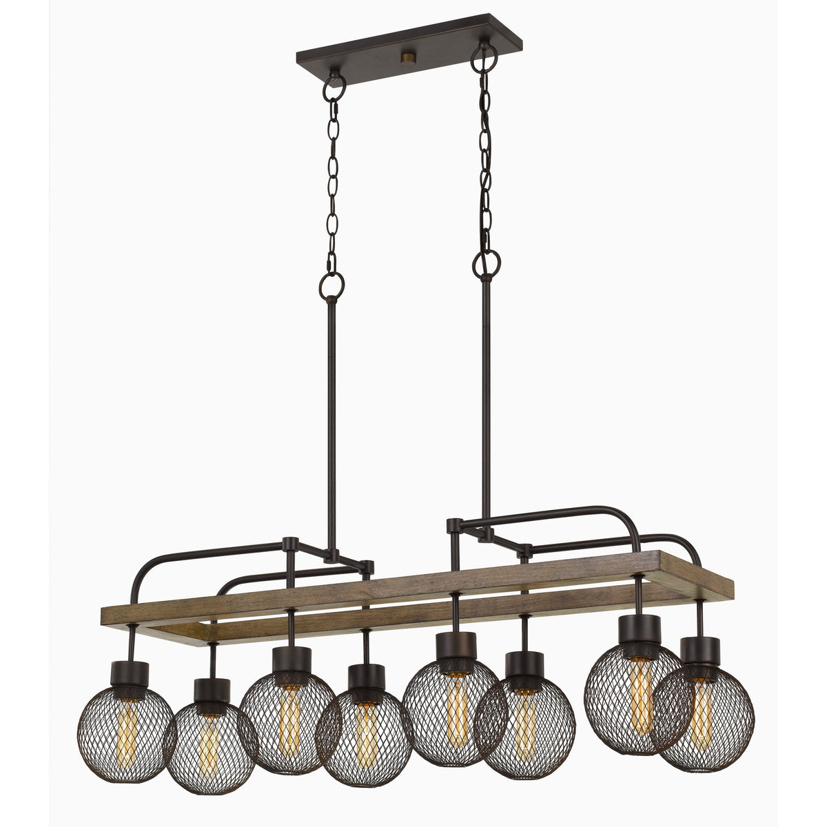 8 Bulb Chandelier with Wooden Frame and Metal Orb Shades, Brown and Black - BM224975