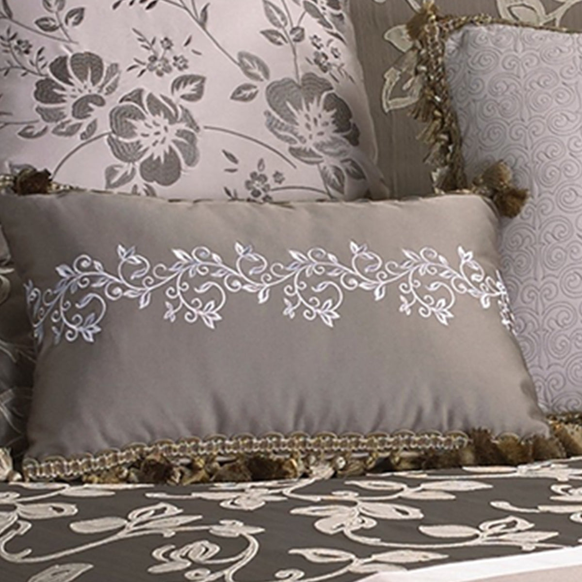 10 Piece King Polyester Comforter Set with Leaf Print, Platinum Gray - BM225167