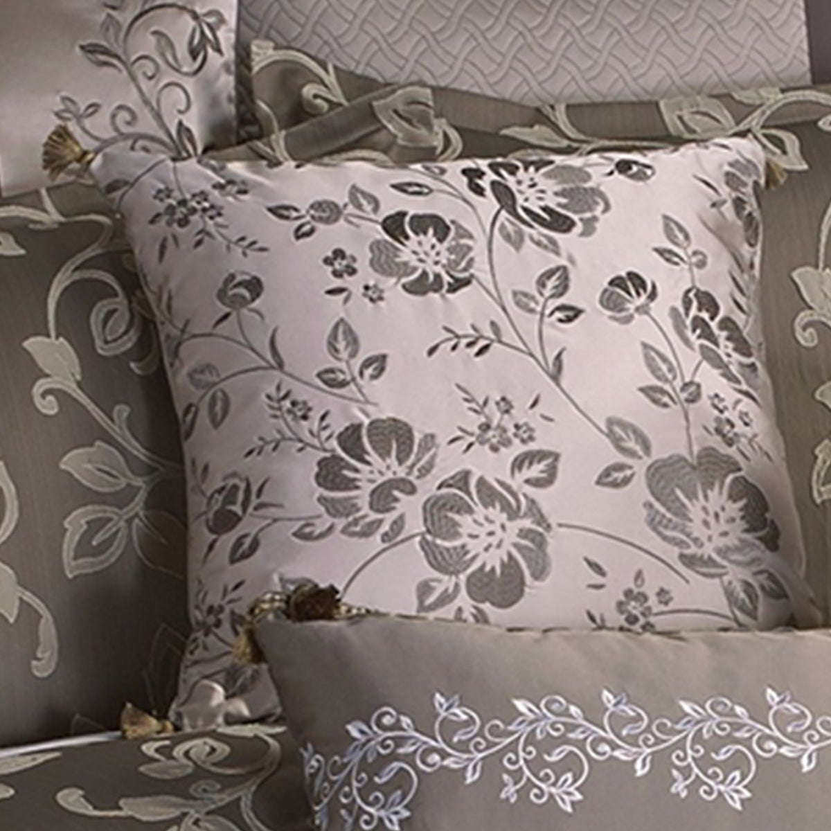 10 Piece King Polyester Comforter Set with Leaf Print, Platinum Gray - BM225167