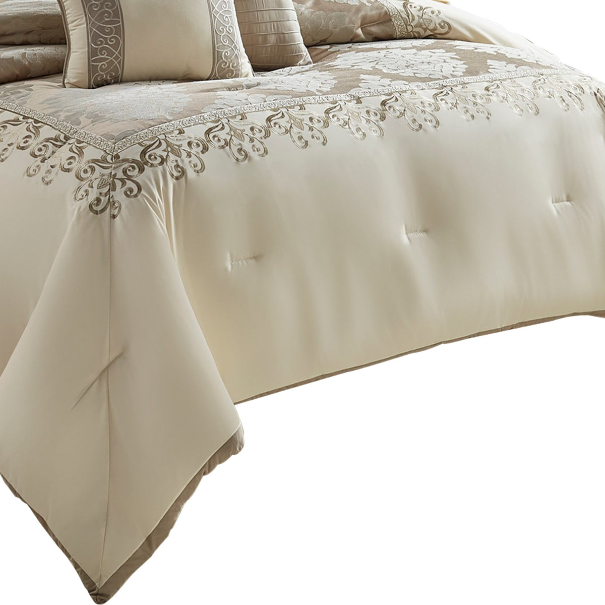 10 Piece King Polyester Comforter Set with Damask Print, Cream and Gold - BM225169