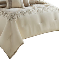 10 Piece King Polyester Comforter Set with Damask Print, Cream and Gold - BM225169