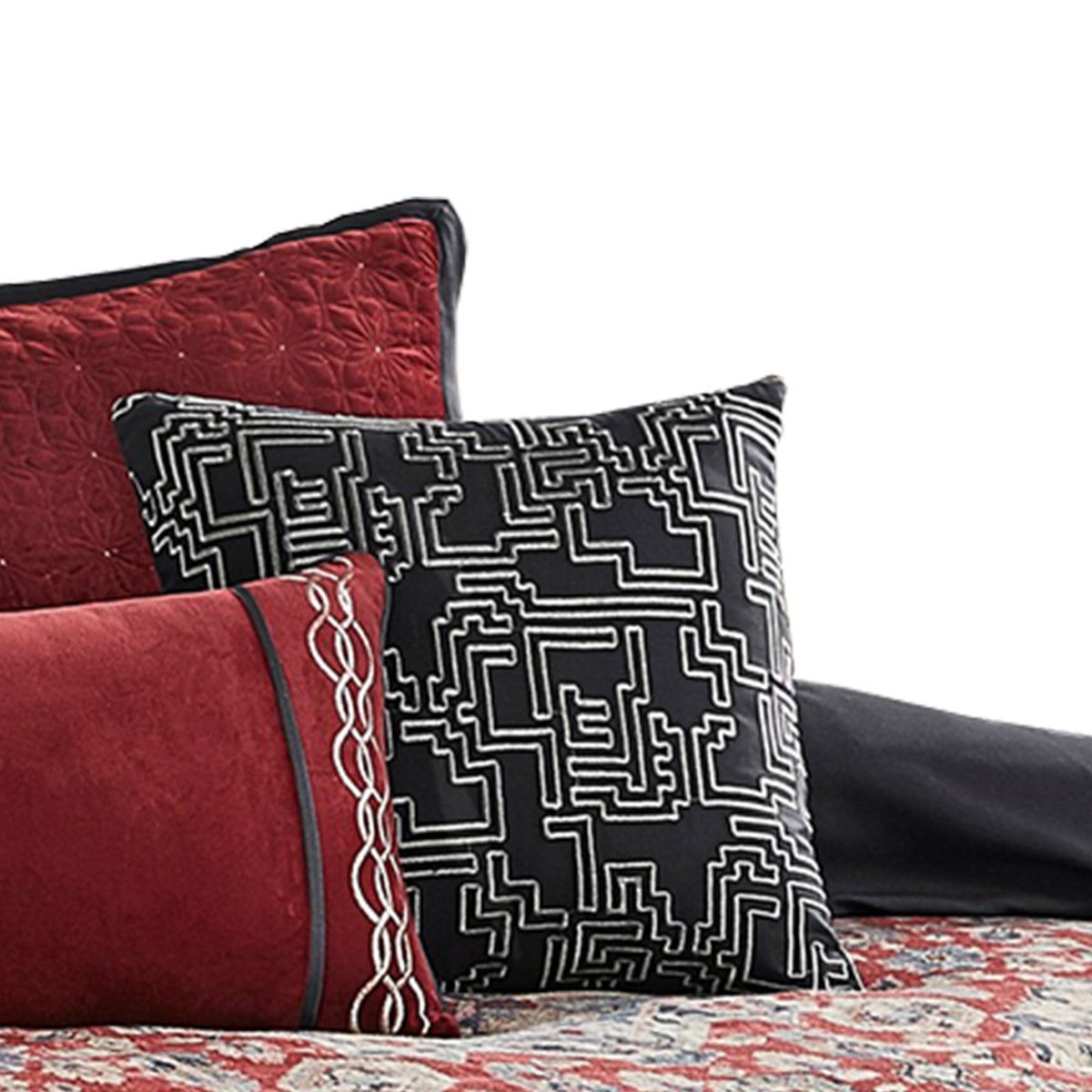 10 Piece King Size Comforter Set with Medallion Print, Red and Blue - BM225195