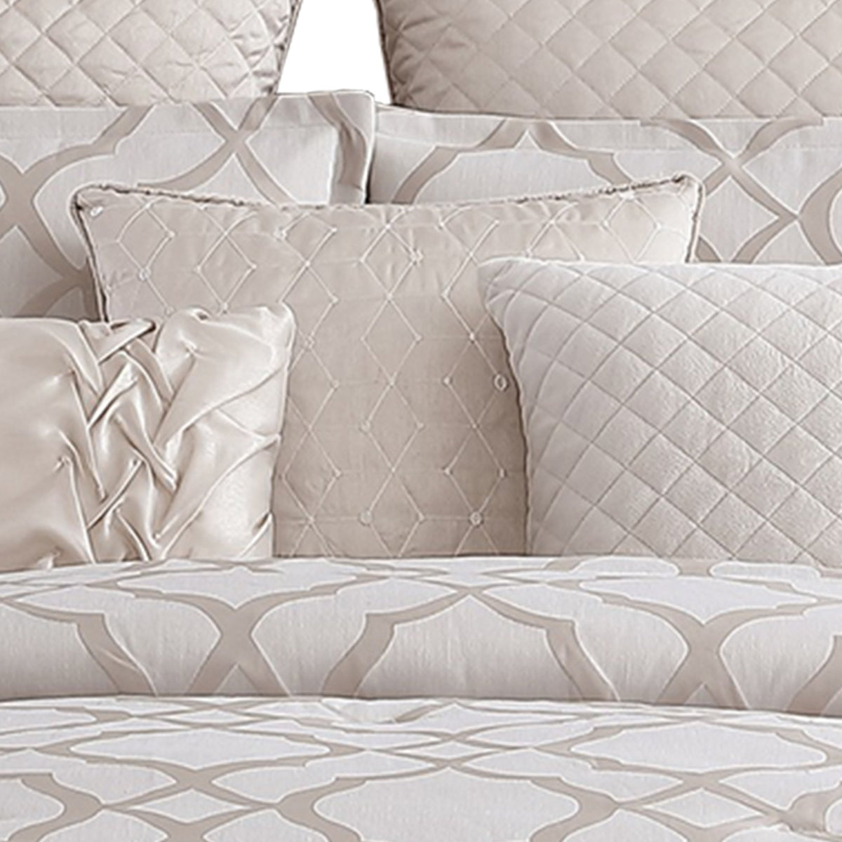 10 Piece King Size Fabric Comforter Set with Quatrefoil Prints, White - BM225201