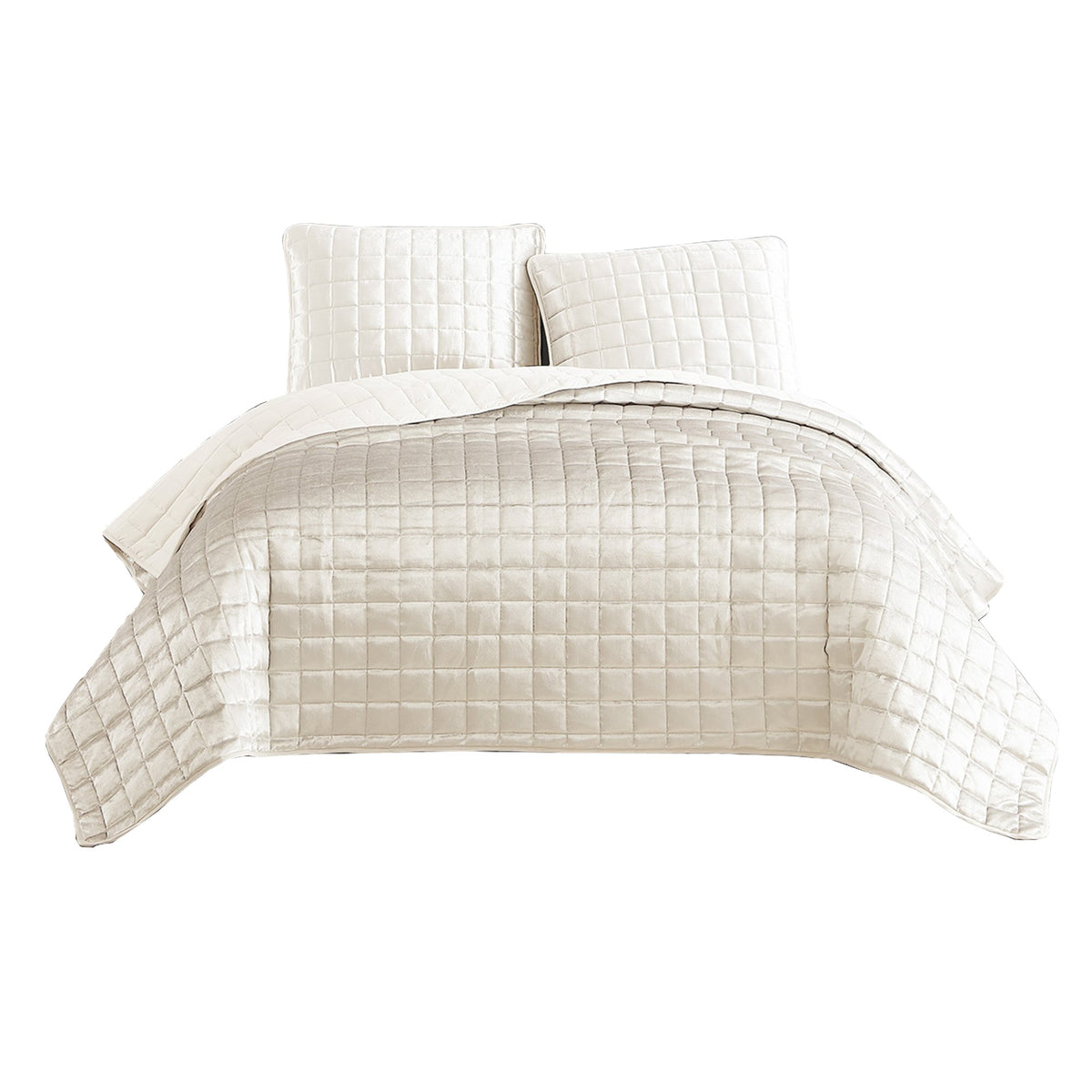 3 Piece King Size Coverlet Set with Stitched Square Pattern, Cream - BM225233
