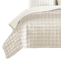 3 Piece King Size Coverlet Set with Stitched Square Pattern, Cream - BM225233