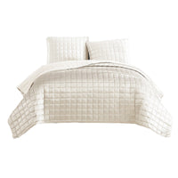 3 Piece Queen Size Coverlet Set with Stitched Square Pattern, Cream - BM225234