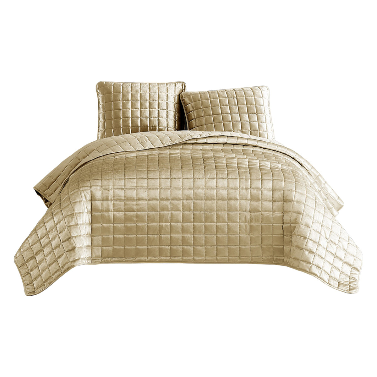 3 Piece King Size Coverlet Set with Stitched Square Pattern, Gold - BM225235