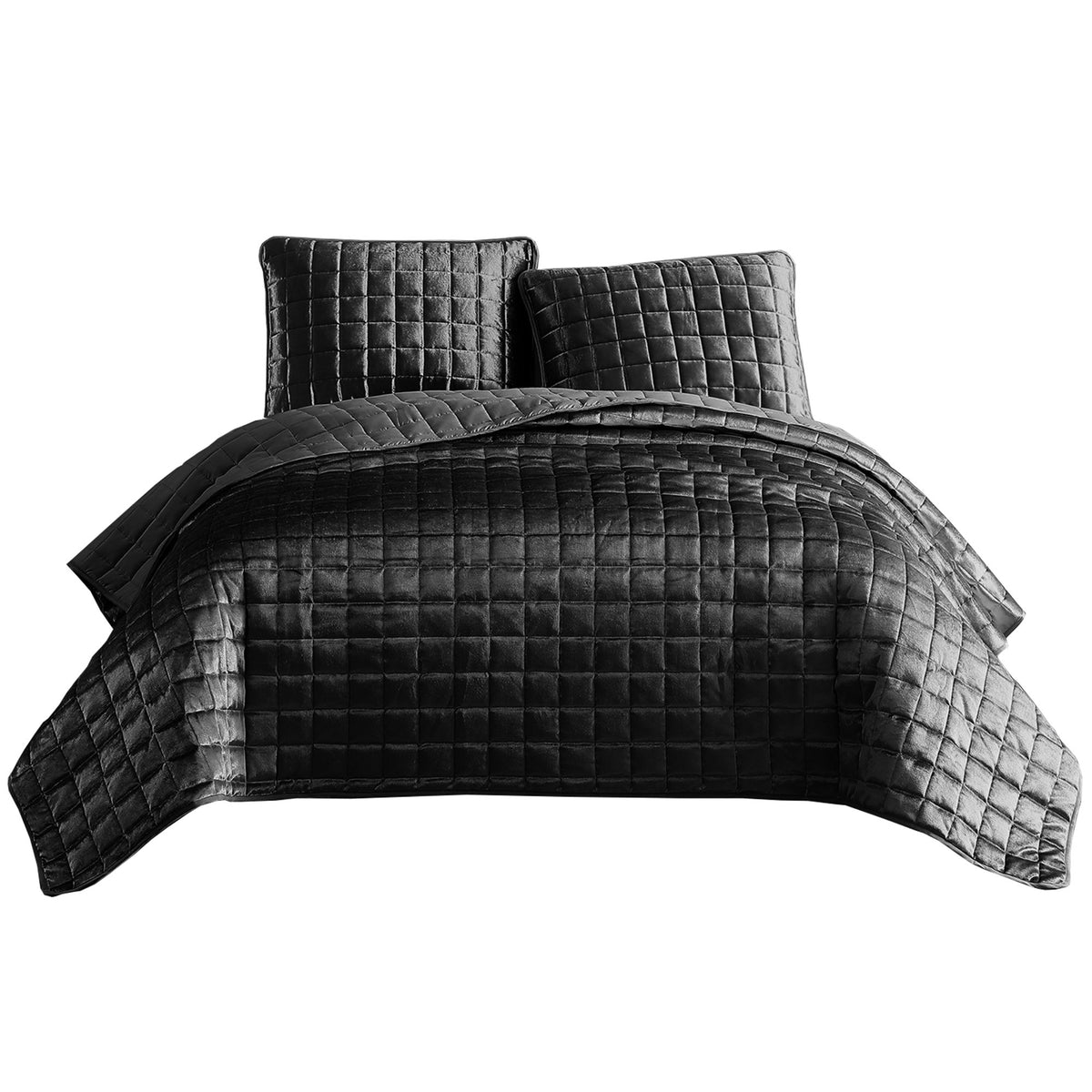 3 Piece King Size Coverlet Set with Stitched Square Pattern, Dark Gray - BM225237