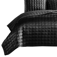 3 Piece King Size Coverlet Set with Stitched Square Pattern, Dark Gray - BM225237