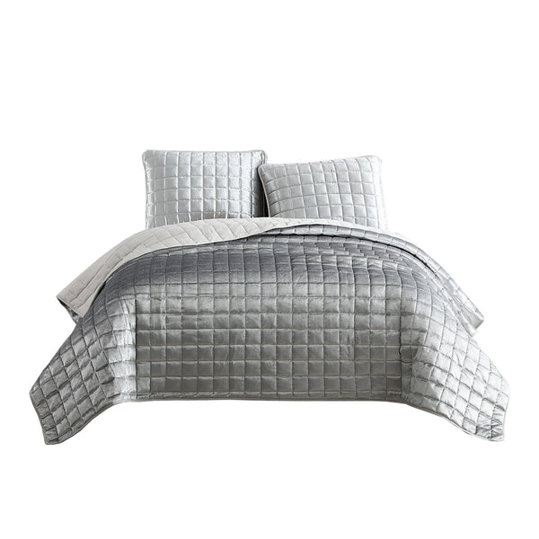 3 Piece Queen Size Coverlet Set with Stitched Square Pattern, Silver - BM225242