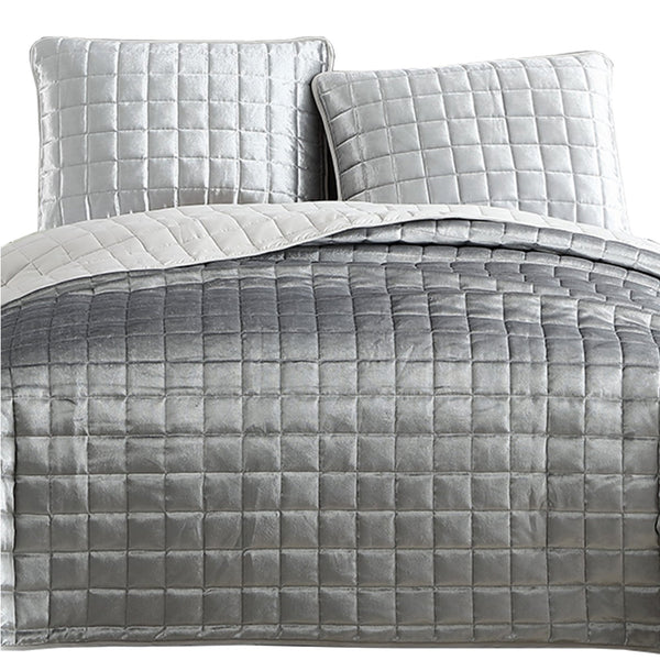 3 Piece Queen Size Coverlet Set with Stitched Square Pattern, Silver - BM225242