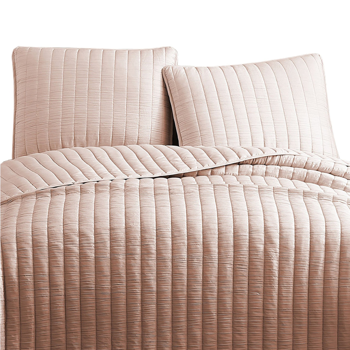 3 Piece Crinkles Queen Size Coverlet Set with Vertical Stitching, Pink - BM225244