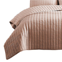 3 Piece Crinkles Queen Size Coverlet Set with Vertical Stitching, Pink - BM225244