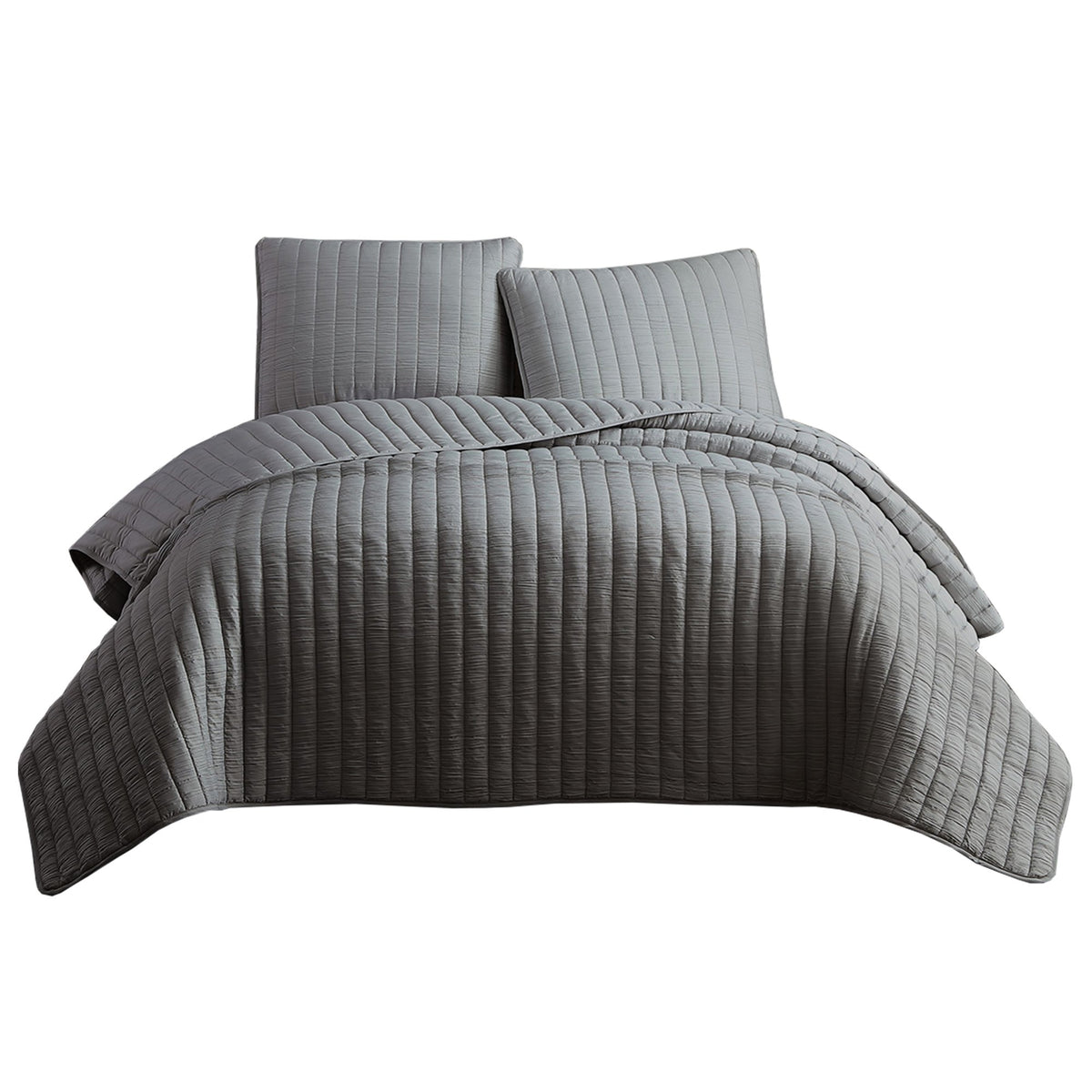 3 Piece Crinkles King Size Coverlet Set with Vertical Stitching, Gray - BM225245
