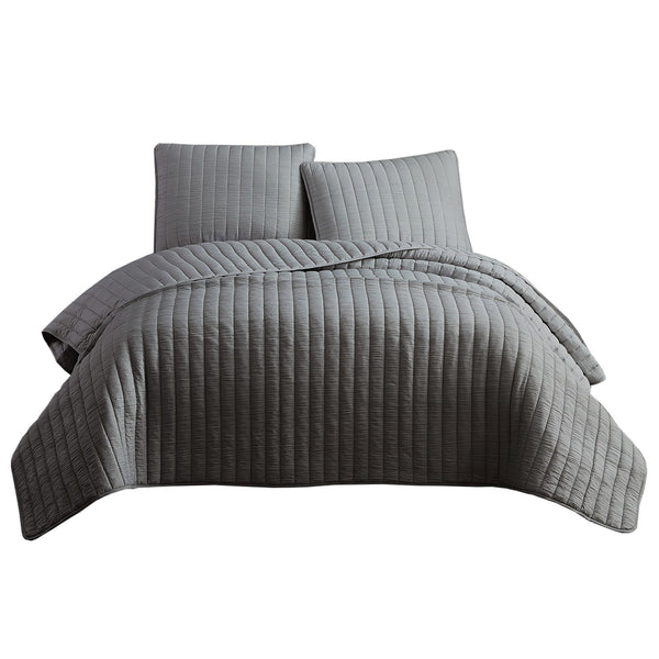 3 Piece Crinkles Queen Size Coverlet Set with Vertical Stitching, Gray - BM225246