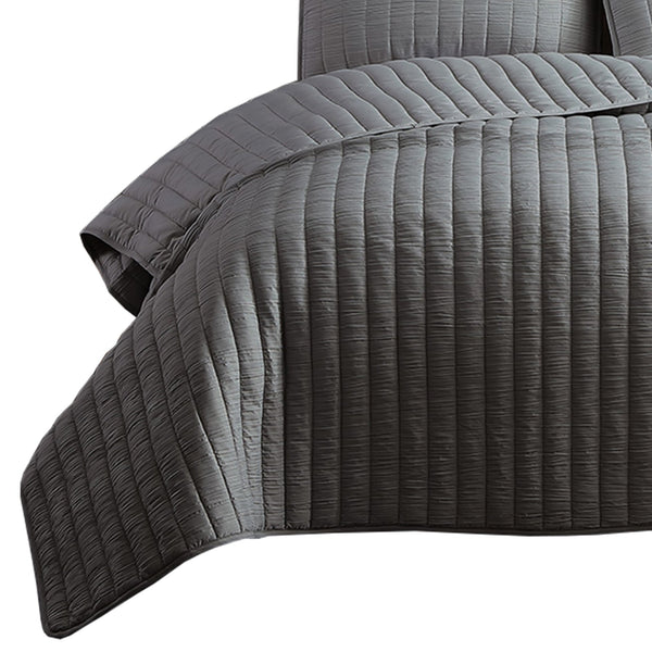 3 Piece Crinkles Queen Size Coverlet Set with Vertical Stitching, Gray - BM225246