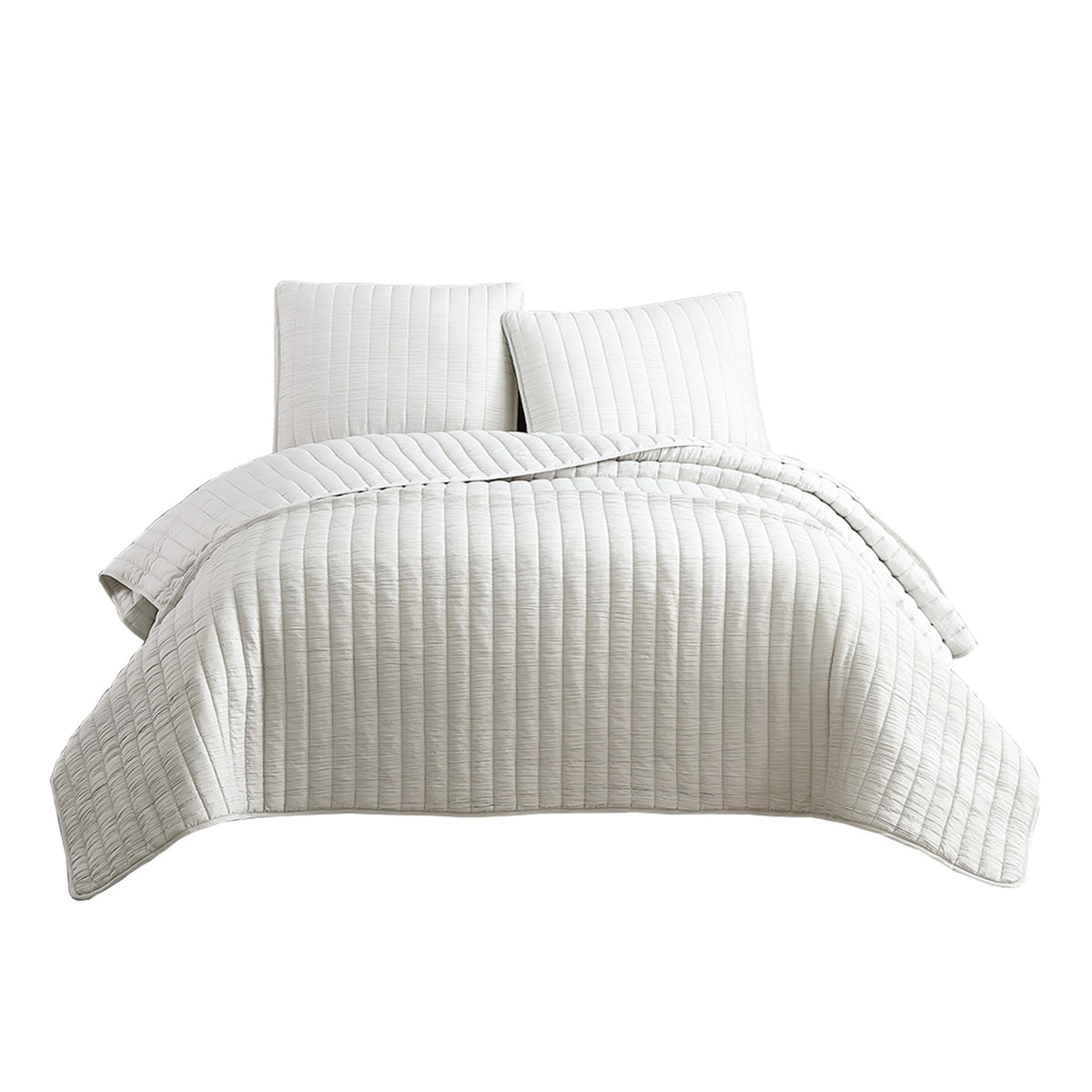 3 Piece Crinkles King Size Coverlet Set with Vertical Stitching, White - BM225247