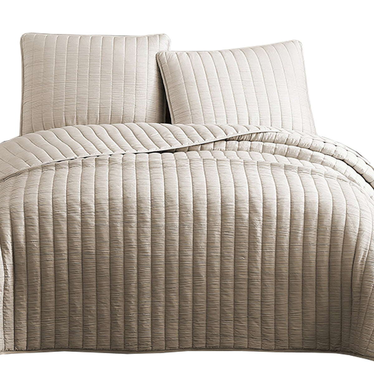 3 Piece Crinkles King Size Coverlet Set with Vertical Stitching, Brown - BM225251