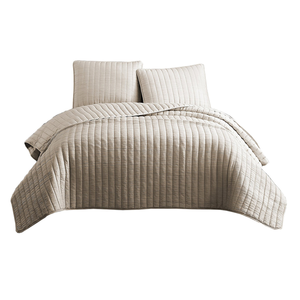 3 Piece Crinkle Queen Size Coverlet Set with Vertical Stitching, Pink - BM225252
