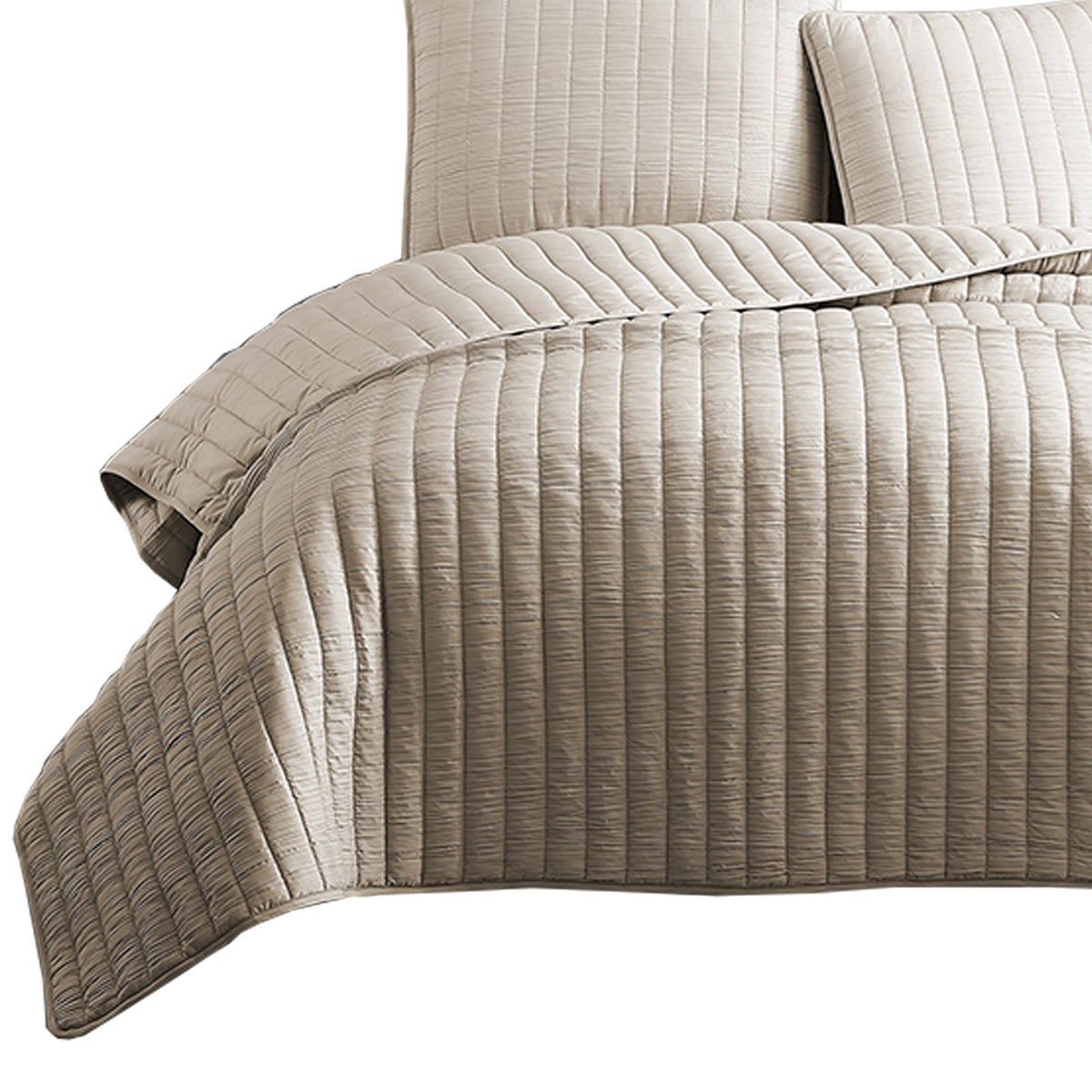3 Piece Crinkle Queen Size Coverlet Set with Vertical Stitching, Pink - BM225252