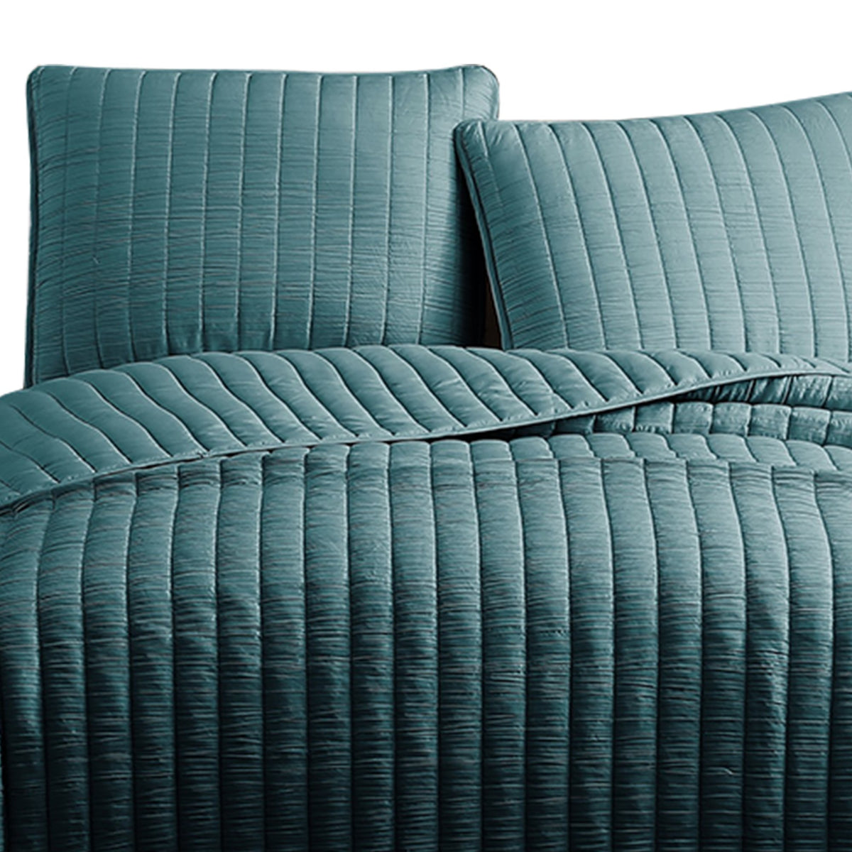 3 Piece Crinkle King Coverlet Set with Vertical Stitching, Turquoise Blue - BM225253