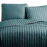 3 Piece Crinkle King Coverlet Set with Vertical Stitching, Turquoise Blue - BM225253