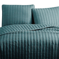 3 Piece Crinkle Queen Coverlet Set with Vertical Stitching, Turquoise Blue - BM225254