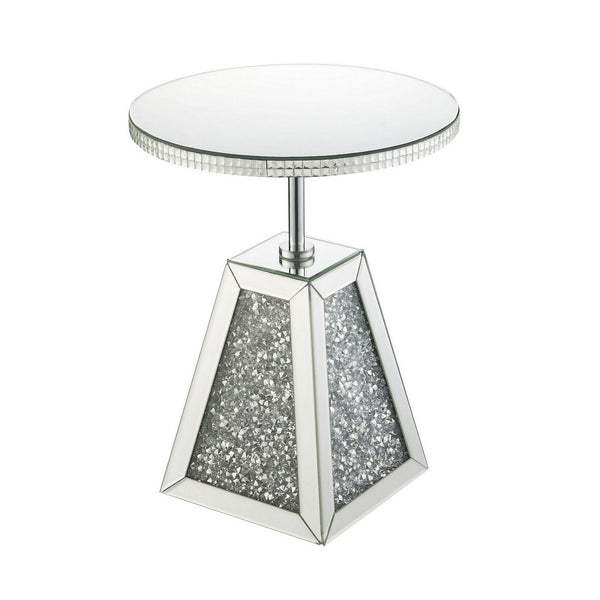 Round Mirrored Accent Table with Pedestal Base and Glass Top, Silver - BM225705