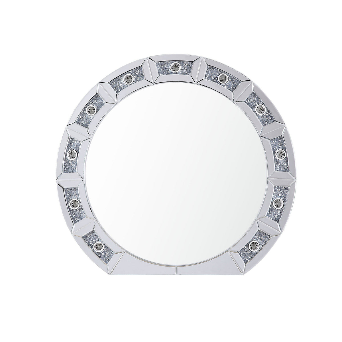 Round Mirror Panel Wall Decor with Light Function and Faux Diamond, Silver - BM225874
