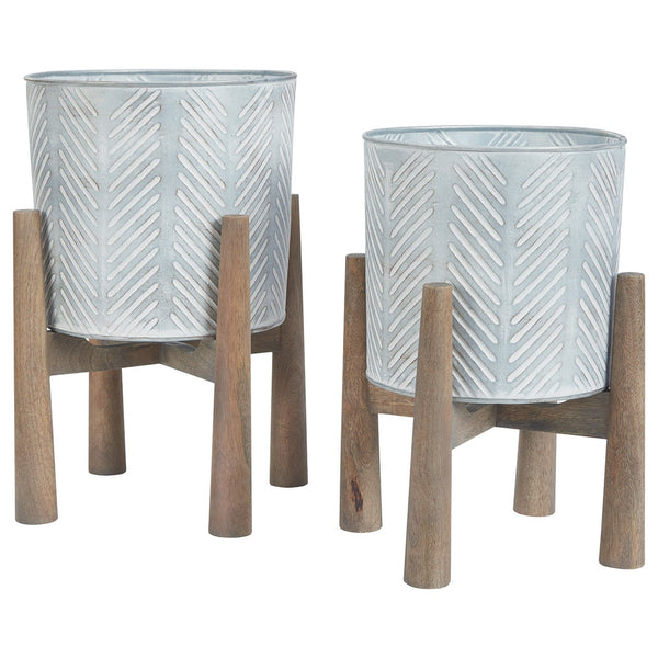 Round Metal Planter Set with Wood Stand,Set of 2,Galvanized Gray and Brown - BM226130