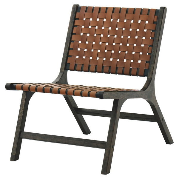 Wooden Frame Accent Chair with Leather Stripe Woven Pattern, Brown - BM226167