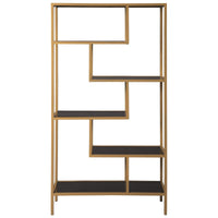 Metal Frame Bookcase with 5 Tiered Display Glass Shelves, Gold and Black - BM226174